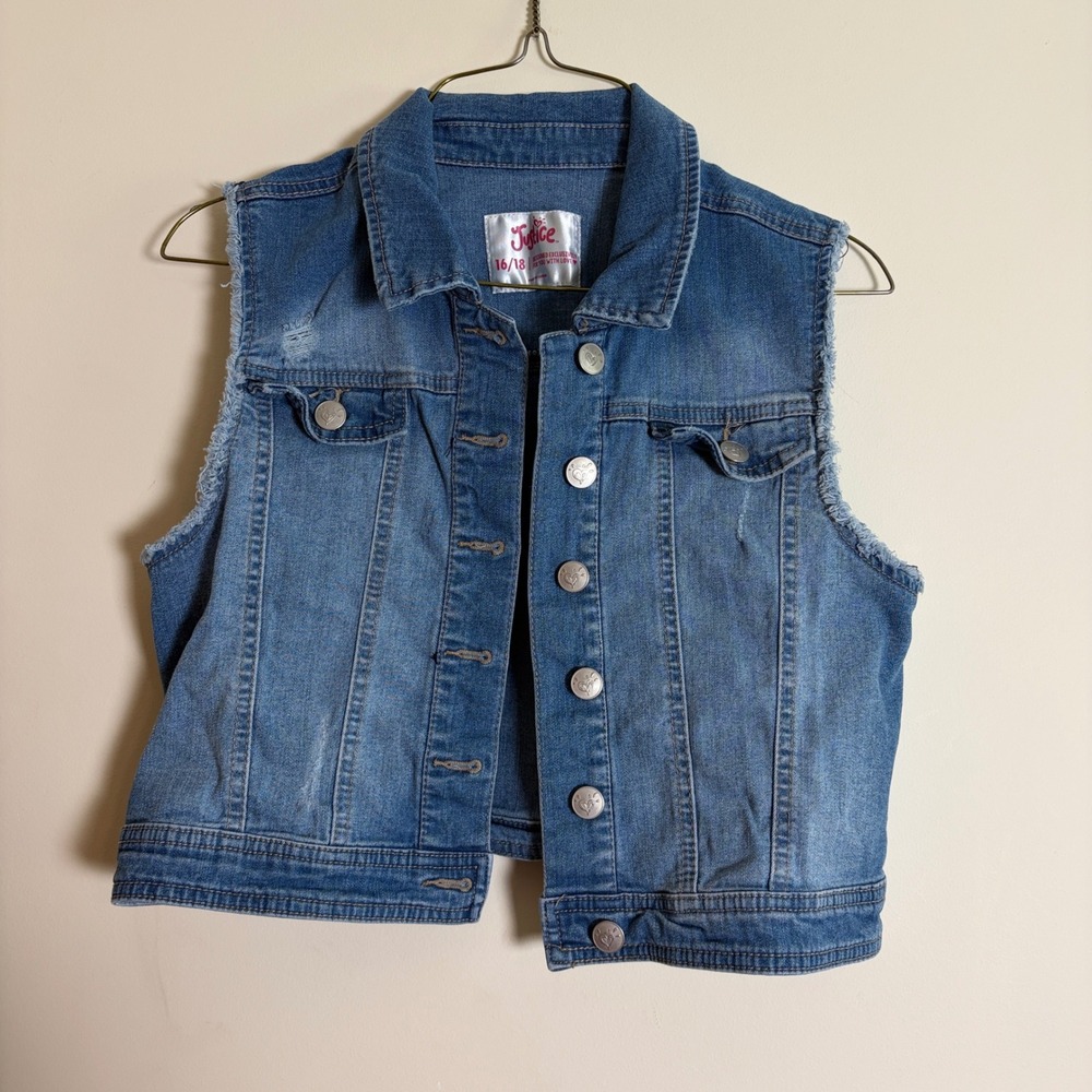 Justice Girls Blue Denim Vest Size 16/18 Distressed Raw Hem Button Up Jean